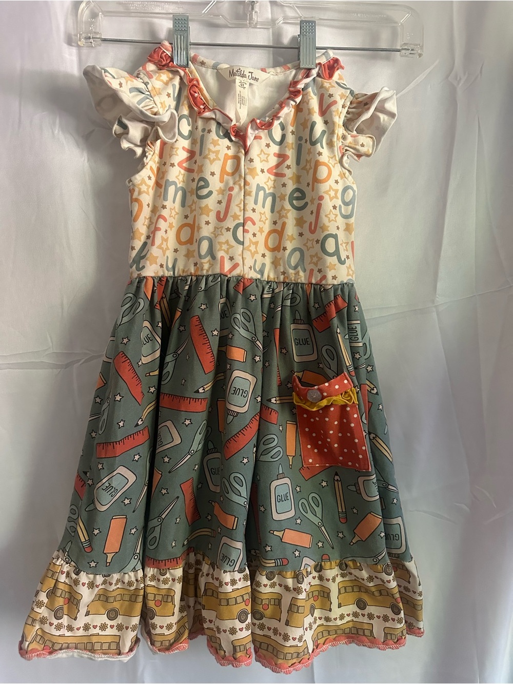 Matilda Jane School Supplies Print Dress in Green, Cream & Coral